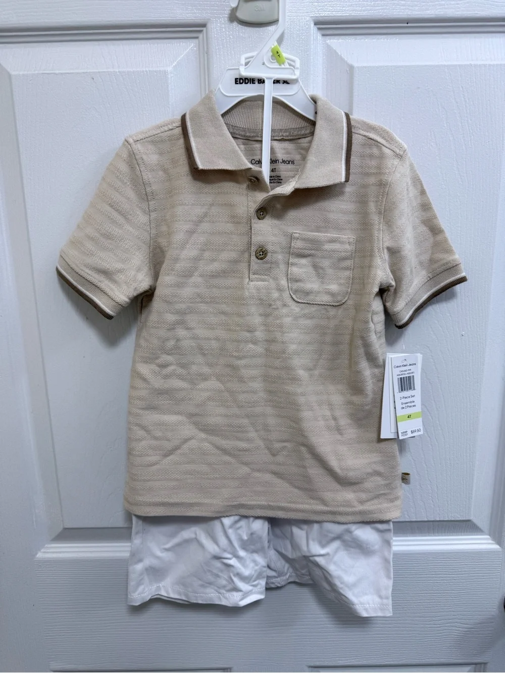 NWT Calvin Klein Kids Tan Polo Shirt with Chest Pocket and White Shorts, Size 4T